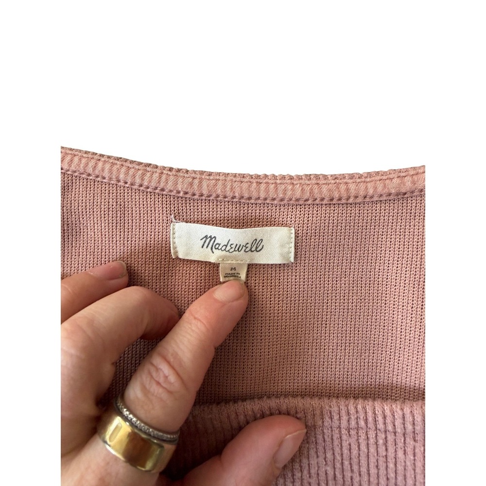 Madewell Dusty Rose Pink Ribbed Square Neck Puff Sleeve Pullover Top Womens M - Picture 3 of 4